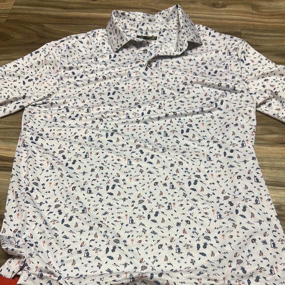 PGA Tour Motionflux 360 Short Sleeve Shirt Size Small beach theme
